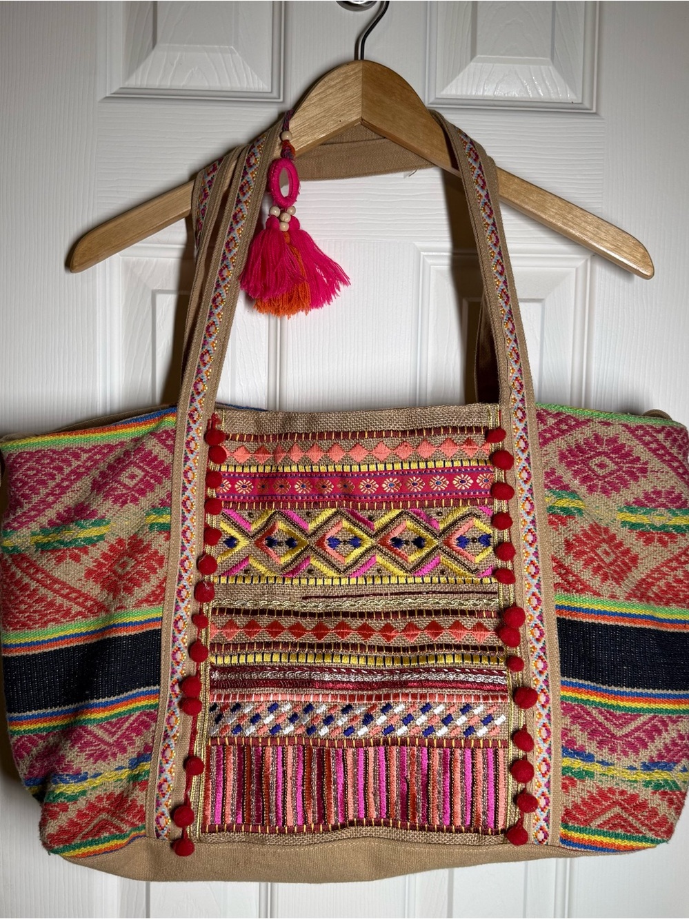Boho Embroidered Tote Bag in Pink Multicolor